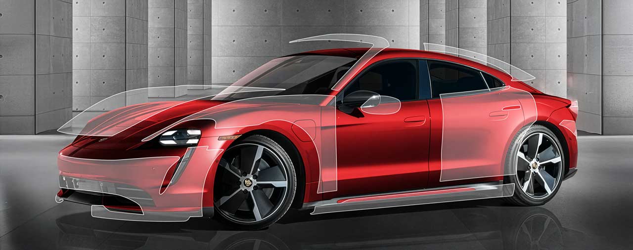 Apex Detailing Solutions - Paint Protection Film (PPF) - red sports car with illustrative PPF panels coating the car